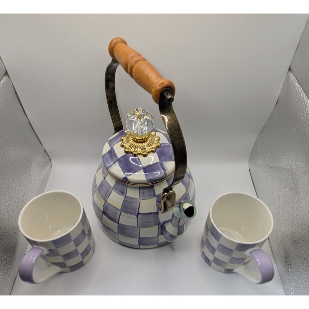 MacKenzie-Childs Violet Check 2 Qt Tea Kettle + 2 Mugs Purple Enamel New